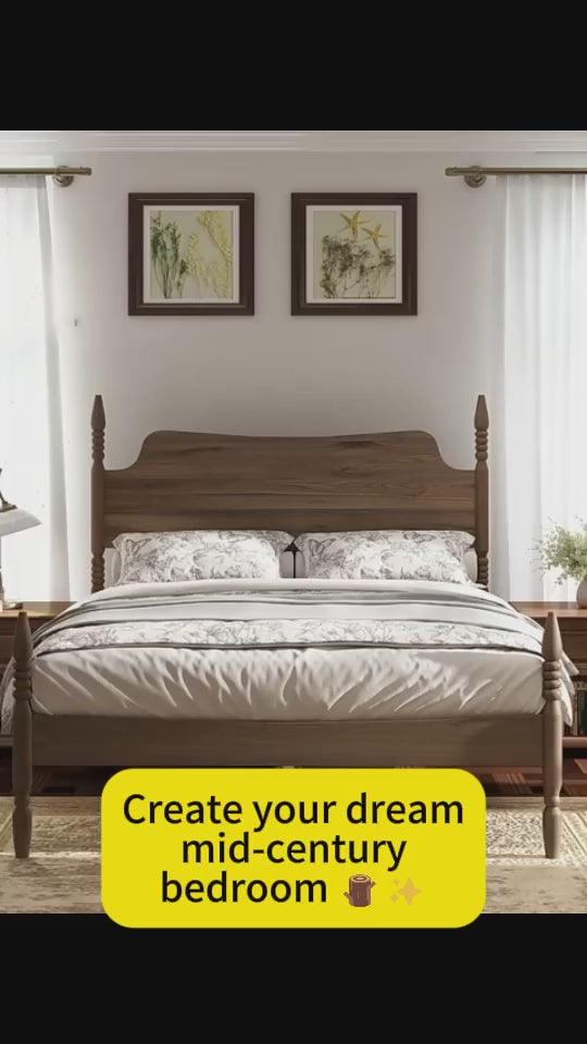 Queen Size Platform Bed Frame, Spindle Bed with Curved Tall Headboard, Retro Four Poster Bed – Walnut